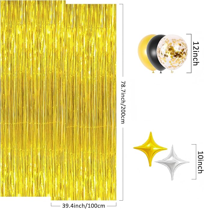 Gold Foil Curtain & Balloon Decoration Set, 2-Pack Metallic Fringe Curtains with Balloons & Garland for Birthday, Wedding, Holiday Photo Booths Ney Year Decorations