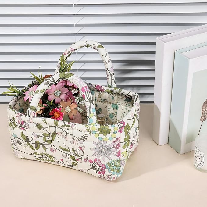 Quilted Fabric Storage Basket Floral Baby Diaper Caddy Quilted Basket for Nursery Bedroom Car Storage