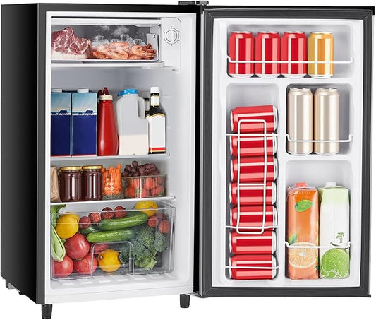 Sweetcrispy 3.2 Cu.Ft Mini Fridge with Freezer Small Refrigerator Single Door Adjustable Thermostat Energy-efficient Low Noise, Compact Fridge for Bedroom, Office, Dorm (Silver Door)