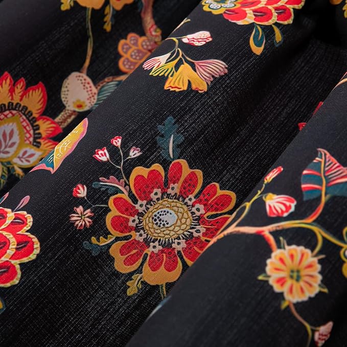 Leeva Vintage Floral Curtains Valances, Light Filtering Curtain Panel for Living Dining Room, Rod Pocket Design (1 Piece, 52 x 18, Red and Black)