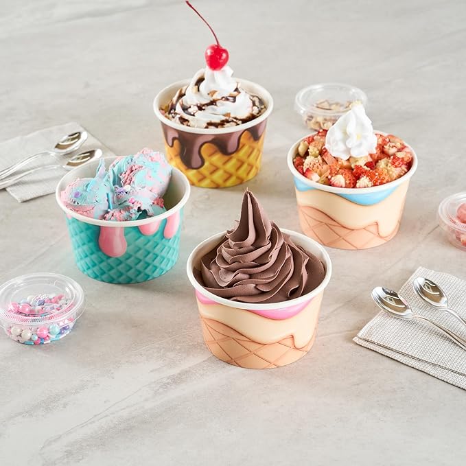 Restaurantware Ice Cream Cups 200 Pack of 8 oz Leak-Resistant Disposable Dessert Bowl Frozen Yogurt Cup Round Paper Container For Cold And Hot Desserts