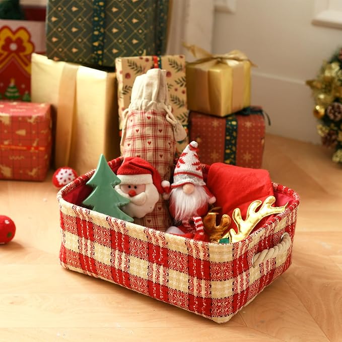 INough Christmas Basket Empty Christmas Baskets Holiday Gift Baskets Empty Cute Christmas Basket for Kids Collapsible Red Book Bin with Handles Farmhouse Storage Containers