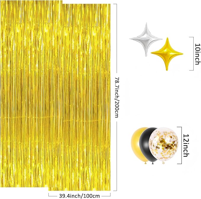 Gold Party Backdrop Kit – 2 Pack Gold Foil “Shower” Curtains with Balloons & Garland Accessories for Birthdays, Festivals, New Year’s Party