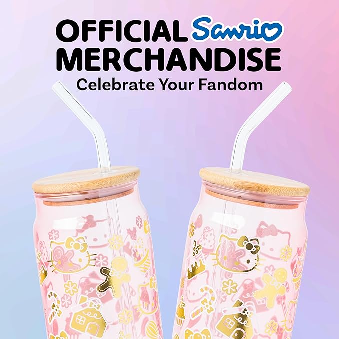 Silver Buffalo Sanrio Hello Kitty Gingerbread Cookies Christmas Holiday Pink and Gold Foil Glass Jar Tumbler with Bamboo Lid and Glass Straw, 16 Ounces