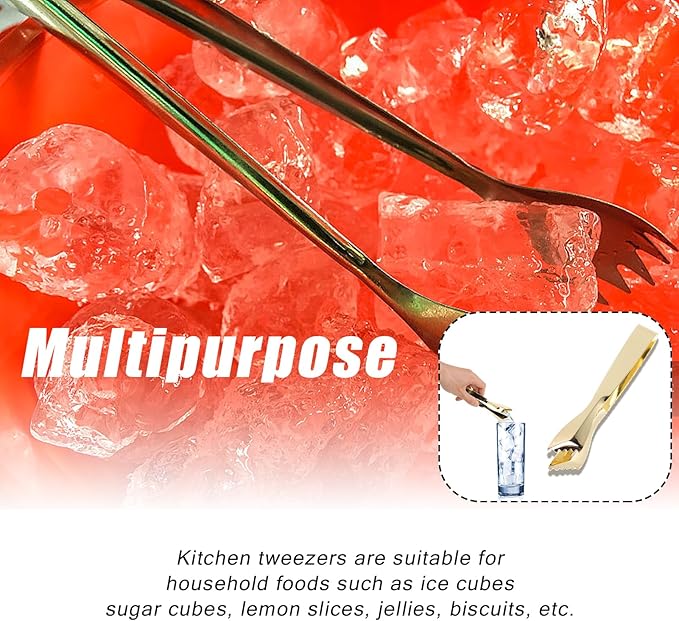 Ice Tongs Food Grade Thicken Stainless Steel Bar Tongs Ice Cube Prevents Slipping Sugar Food Tweezers for Home Kitchen Mirror Party Coffee Bar (Gold Plated)