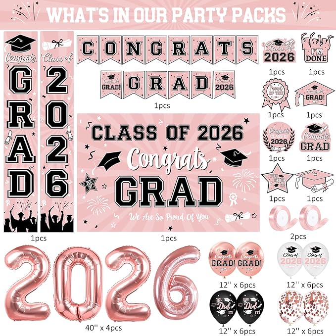 Graduation Decorations Class of 2026 - Rose Gold Graduation Decorations Include Grad Backdrop, Banner, Hanging Swirls, Porch Sign, Balloons for Congrats Grad Party Decorations