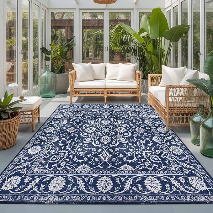 Area Rug 3x5ft, Navy Blue Paisley Floral Texture Washable Rugs for Living Room Bedroom, Vintage Tribe Flower Soft Non-Slip Area Rugs Rectangle Floor Carpet for Dining Room