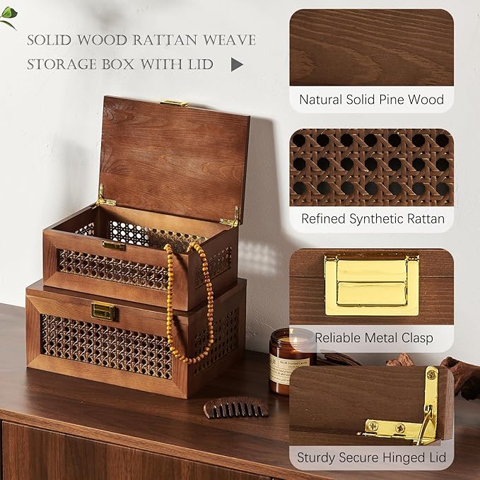 2PCS Decorative Rattan Storage Boxes Solid Wood Baskets Bins with Lid Keepsake Memory Jewelry Box Natural Boho Shelf Wicker Closet Desk Organizer Container (Walnut, 1 Large 1 Small)