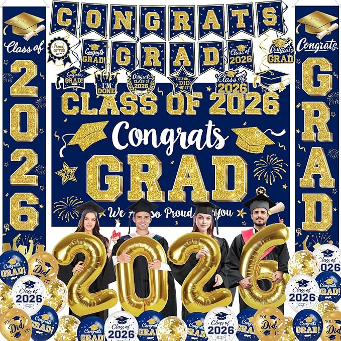 Graduation Navy Blue Gold Decorations Include Grad Backdrop, Banner, Hanging Swirls, Porch Sign, Balloons for Congrats Grad Party Decorations