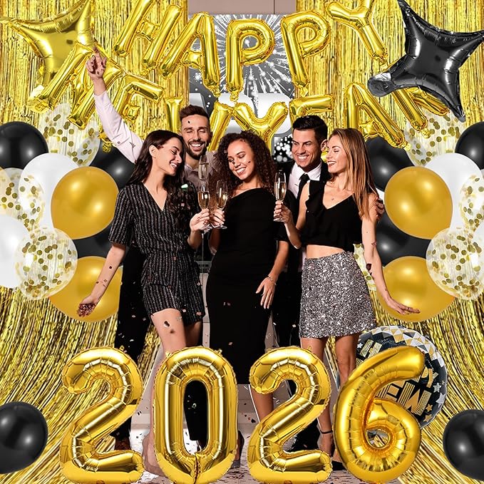 Happy New Year Party Decoration, 2026 Happy New Year Foil Balloon Banner and Metallic Curtains Photography Backdrops Party Decorations for NYE Party Supplies