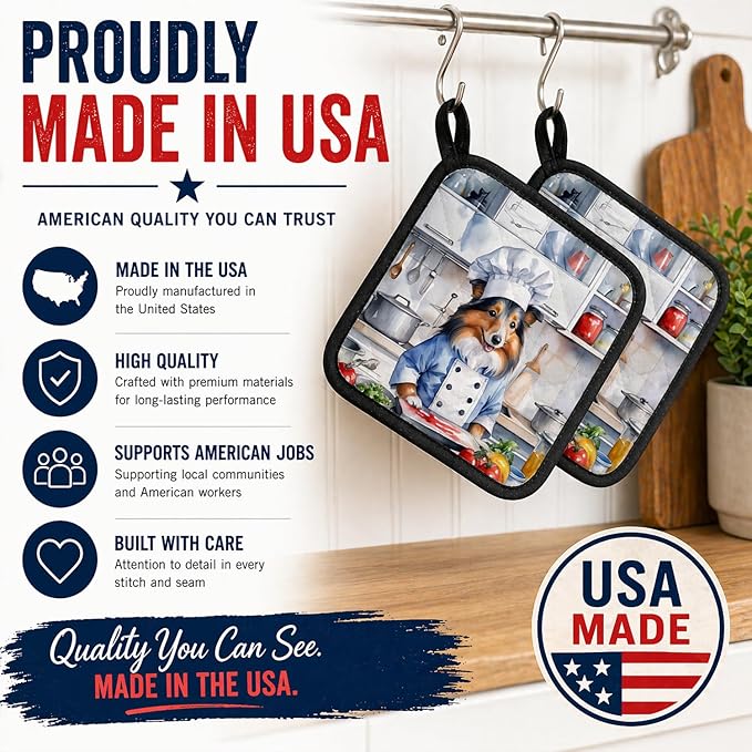 Caroline's Treasures Sheltie The Chef Pair of Pot Holders Kitchen Heat Resistant Pot Holders Sets Oven Hot Pads for Cooking Baking BBQ, 7 1/2 x 7 1/2