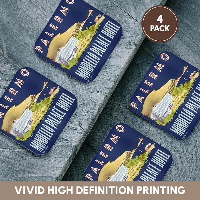 3dRose cst_129870_1 Vintage Palermo Italy Mondello Palace Hotel Luggage Label-Soft Coasters, Set of 4