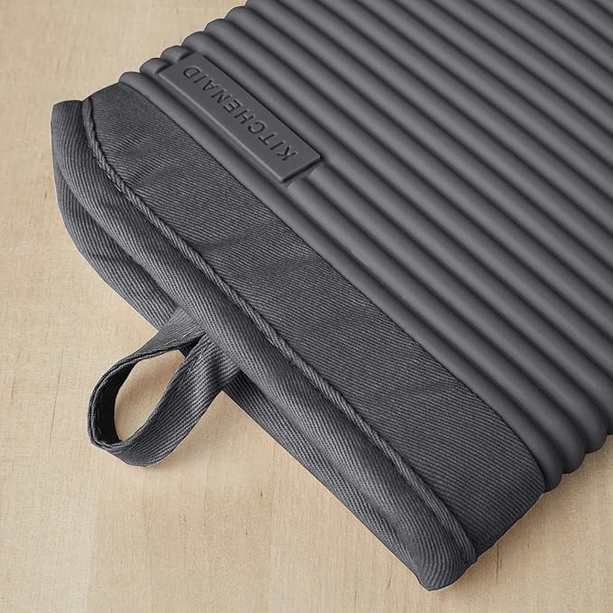 KITCHENAID Ribbed Soft Silicone Oven Mitt 2-Pack Set, 7.5"x13", Charcoal Grey