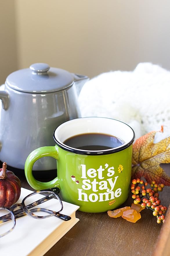 Pearhead Let's Stay Home Ceramic Mug, Autumn Accessories, Fall Holiday Kitchen Decor, Coffee or Tea Cup, Green, 15oz