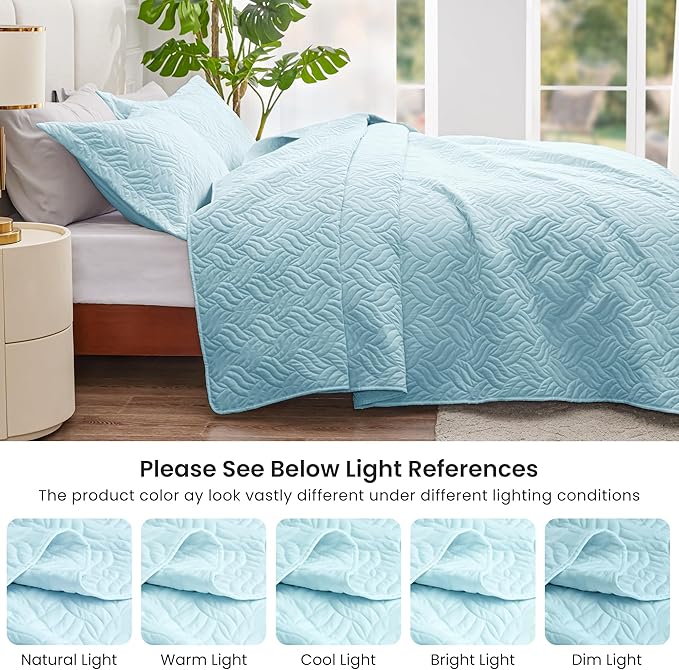 Love's cabin Quilts for Full Bed Light Blue Bedspreads Bedding Set - Lightweight Bedspread Comforter - Wave Pattern Bedding Coverlet for All Season - 3 Pieces (1 Quilt, 2 Pillow Shams)