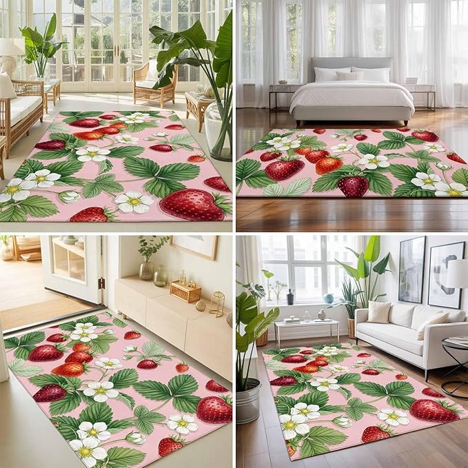 Area Rug 4x6ft, Summer Strawberry Bush on Pink Washable Rugs for Living Room Bedroom, Forest Green Foliage Soft Non-Slip Area Rugs Rectangle Floor Carpet for Dining Room