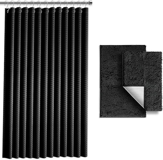 Clara Clark Black Shower Curtain Set with Rugs - Bathroom Sets with Shower Curtain and Rugs, Fabric Shower Curtains and 2 Bath Mats, Modern Bathroom Shower and Curtain Sets for Tub Or Stall