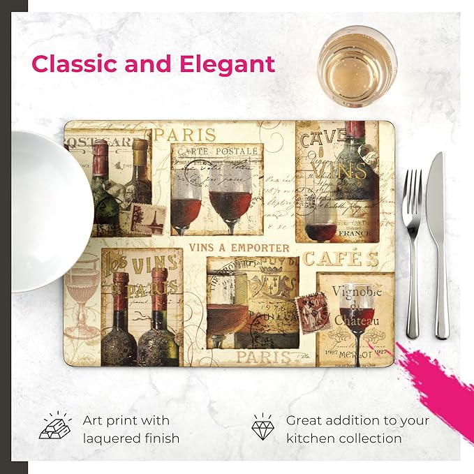 Pimpernel French Cellar Collection Placemats | Set of 4 | Heat Resistant Mats | Cork-Backed Board | Hard Placemat Set for Dining Table | Measures 15.7” x 11.7” Ivory