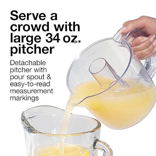 Proctor Silex Alex's Lemonade Stand Electric Citrus Juicer Machine, Large 34 oz. Pitcher, Pressure Activated, for Lemons, Limes and Oranges, 34 oz, Includes 2 Reamers & Recipe Book, Yellow (66341)