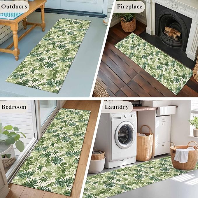 Runner Rug for Bedroom Hallway, Green Palm Leaf Watercolor Kitchen Runner Rugs Area Rug 2x6ft, Summer Tropical Leaves Washable Soft Floor Carpet for Entryway Stair