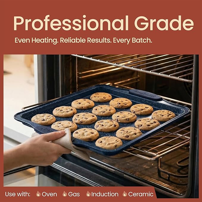 BAKKEN Kitchen Baking Pan Set - Nonstick Coating, Carbon Steel Bakeware Sets with Blue Silicone Handles, Baking Kitchen Essentials, PFOA, PFOS, PTFE Free, Oven Safe Tray (Up To 450° F), Set of 3