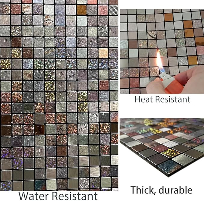 10 Sheets Peel and Stick Backsplash Tile, Self-Adhesive Mosaic Tile, Stick on Kitchen, Bathroom Vanities, Fireplace Décor, Laundry Table (10, Mixed Bronze)