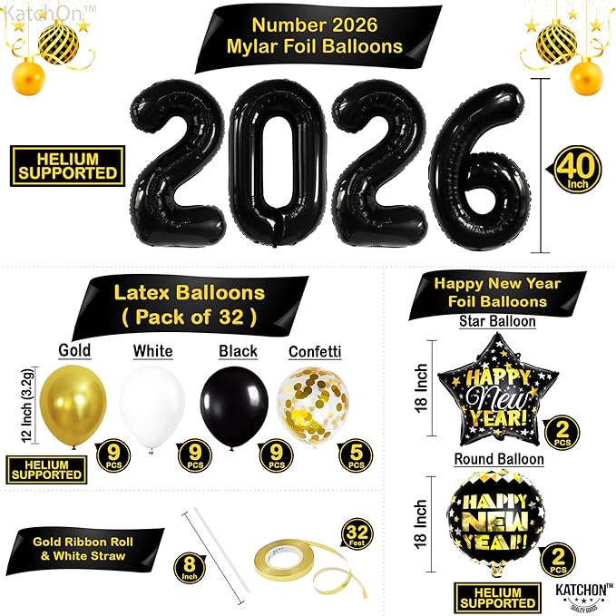 KatchOn, New Years Eve Party Supplies 2026 Set - Pack of 42 | Black and Gold New Year Banner | New Year Foil Balloons | New Years Eve Balloon Arch Kit | Nye Decorations 2026 | New Years Eve Party Kit