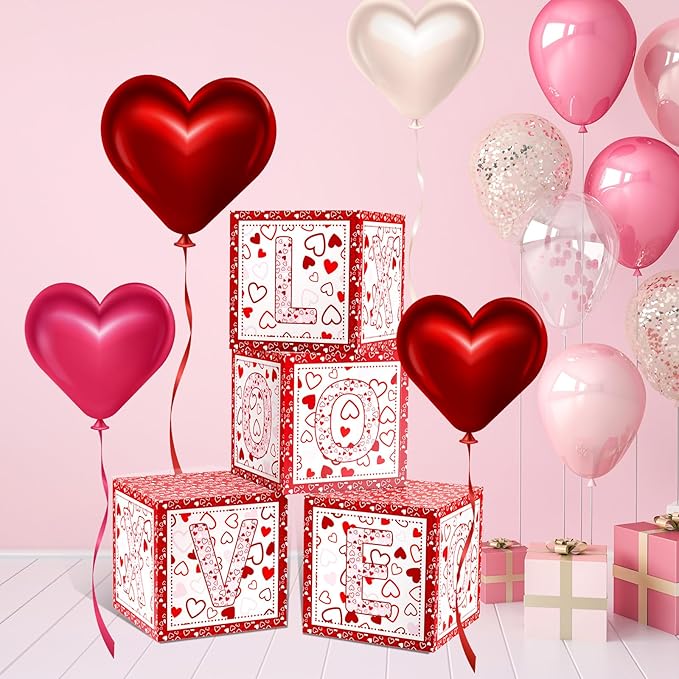 4 Pcs Valentines Day Balloon Box Valentines Day LOVE Balloon Box School Party Decorations Balloons Boxes for School Classroom Bedroom Preschool Party Decorations