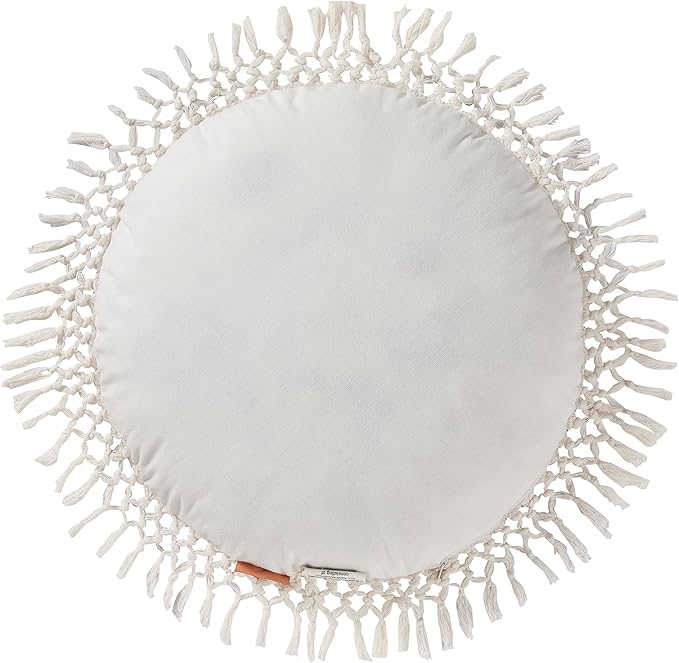 Indigo Ink Round White Decorative Throw Pillow with Tassels - 20" x 20" | Cotton Throw Cushion for Couch, Chair, Bed | Cute Home Decor | Soft Plush Filling | Tufted Medallion Collection, Bright White