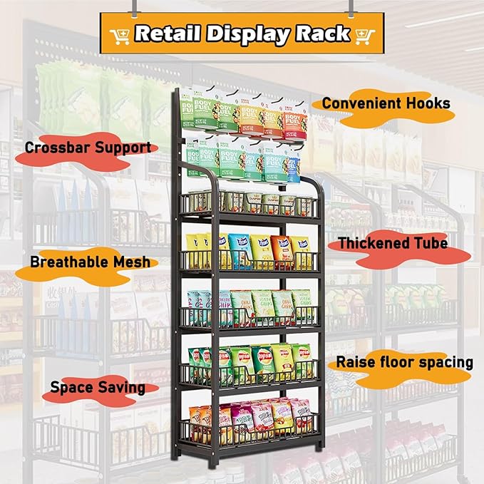 5-Tier Snack Shelf Organizer with Guardrail - Commercial Storage Rack for Fruits, Vegetables, Chips, Candy & Party Food Display - Retail & Wholesale Store Fixture with Hooks (Black)