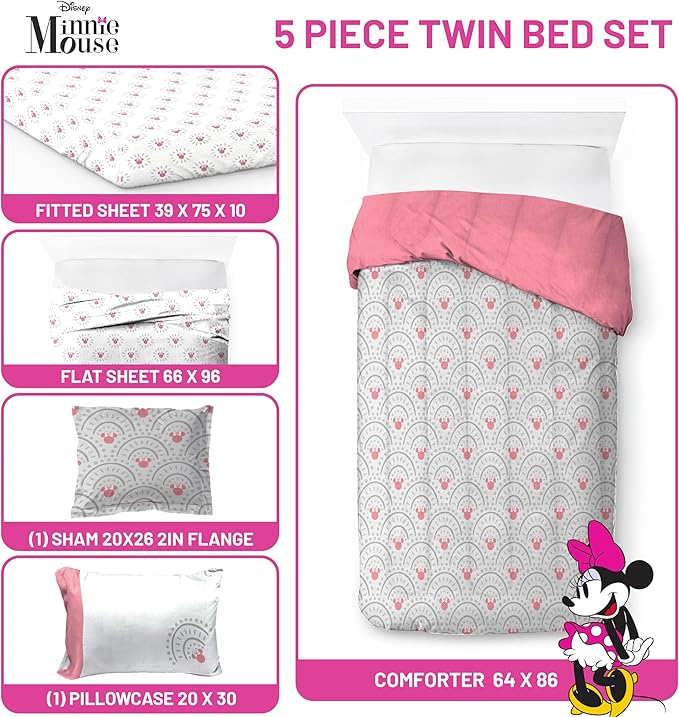 Disney Minnie Mouse Twin Comforter Set - 5 Piece Bedding Includes Sheet Set & Pillow Covers - Super Soft Cozy Pink Mandala Bedding