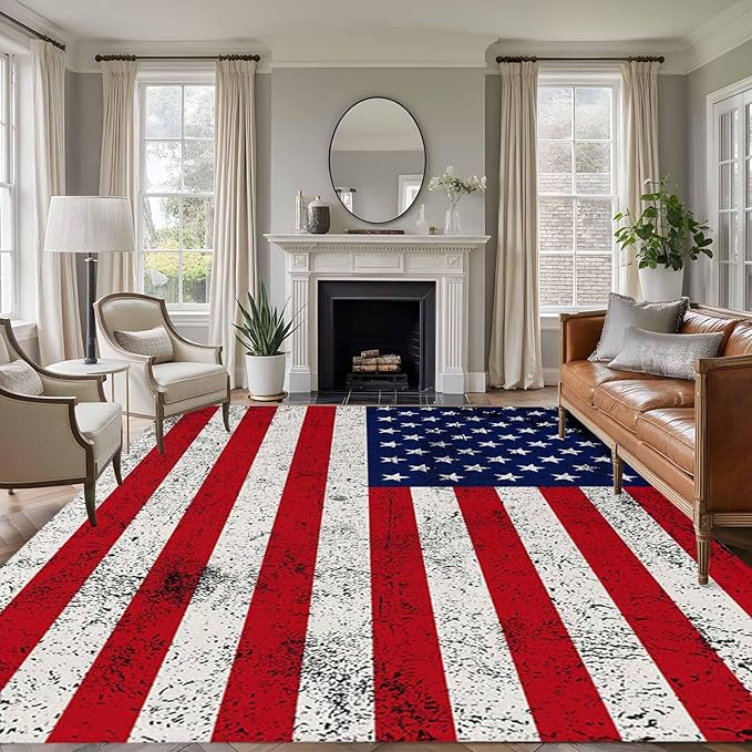 Area Rug 8x10ft, Independence Day Stars Stripes Retro Washable Rugs for Living Room Bedroom, Patriotic Flag Red Blue Soft Non-Slip Area Rugs Rectangle Floor Carpet for Dining Room