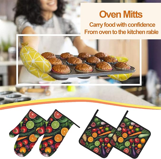 Oven Mitts and Hot Pads Set - Vegetables Design, Heat Resistant Cute Pot Holders for Kitchen, Baking Gifts for Women