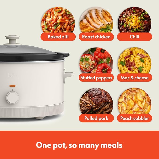 bella 6.0 Qt Manual Slow Cooker, Ceramic Nonstick Coating, 3 Temperature Settings, Dishwasher Safe Stoneware Pot and Tempered Glass Lid, Cool Touch Handles & Tangle Free Cord Wrap, Oatmilk