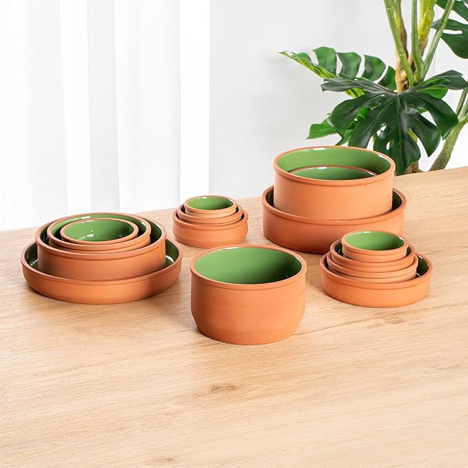 Restaurantware-Terra Tek 34 Ounce Terracotta Cazuelas, 2 Green Glazed Clay Pots For Cooking - Oven-Ready, Microwavable, Terracotta Serving Pots, Dishwashable, For Cooking And Serving