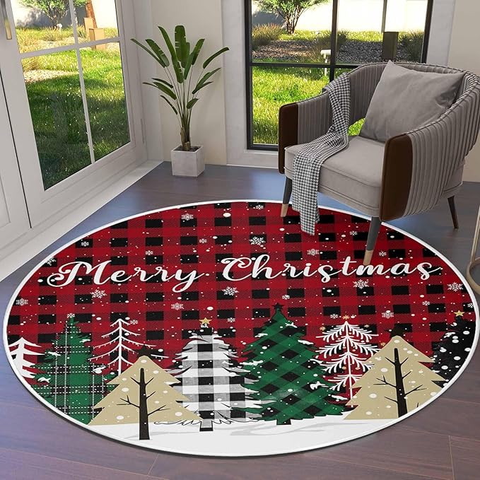 Round Area Rug,Christmas Tree Red Black Buffalo Plaid Circle Living Room Rug Non-Slip Rugs Indoor Carpet,Winter Snowflake Seamless Soft Comfort Rugs for Bedroom KidsRoom Nursery