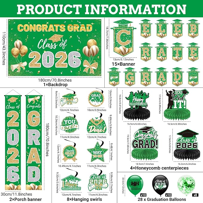 Green 2026 Graduation Party Decor Kit-Includes Backdrop, Banner, Balloons, Hanging Ornaments & Honeycomb Decorations for Class of 2026 -Full Set for High School and University Graduation Events
