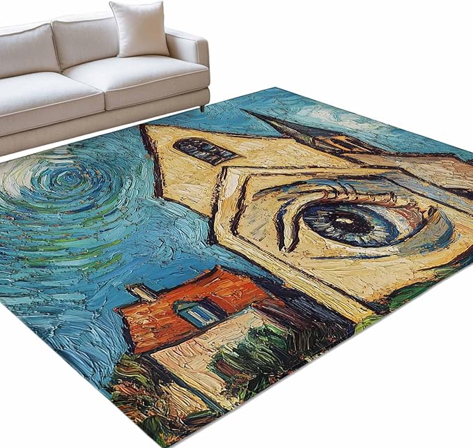 Area Rug 3x5ft, Abstract Farmhouse Starry Night Eye Washable Rugs for Living Room Bedroom, Rustic Oil Painting Art Soft Non-Slip Area Rugs Rectangle Floor Carpet for Dining Room