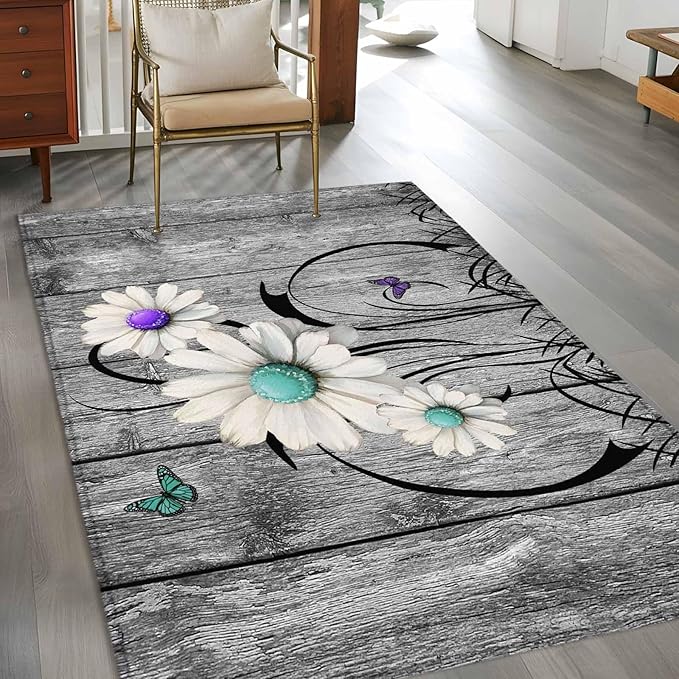 Area Rug 3x5ft, Farm Daisy Shabby Wood Grain Washable Rugs for Living Room Bedroom, Vintage Flower Plant Butterfly Soft Non-Slip Area Rugs Rectangle Floor Carpet for Dining Room