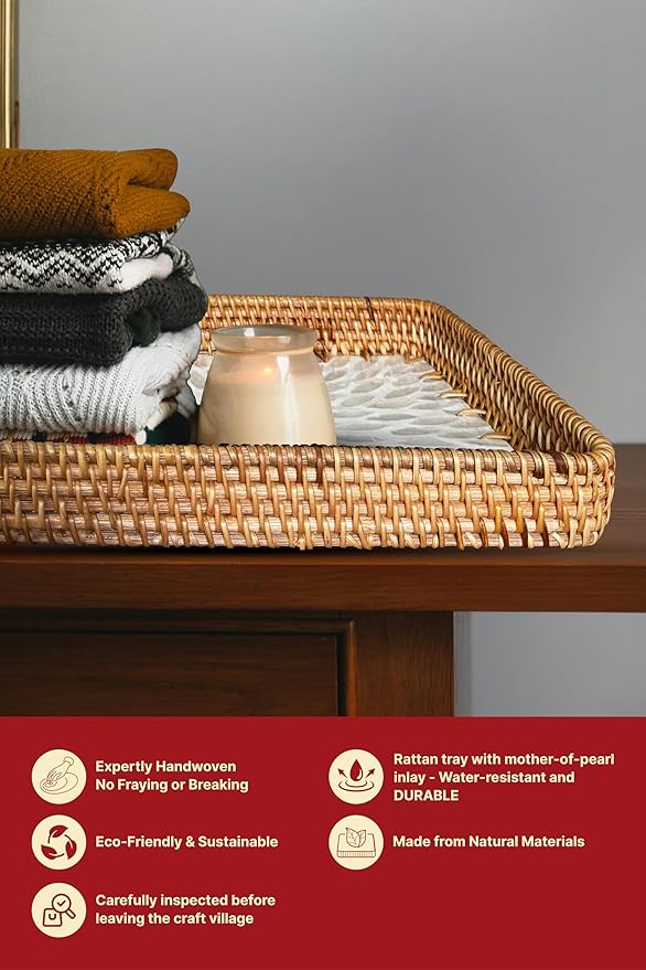 Rattan Rectangle Tray with Mother of Pearl Inlay, Unique Decorative and Serving Tray for Outdoor,Bathroom, Kitchen, Vanity, Perfume, or Coffee Table (Combo White 13"&11.8")