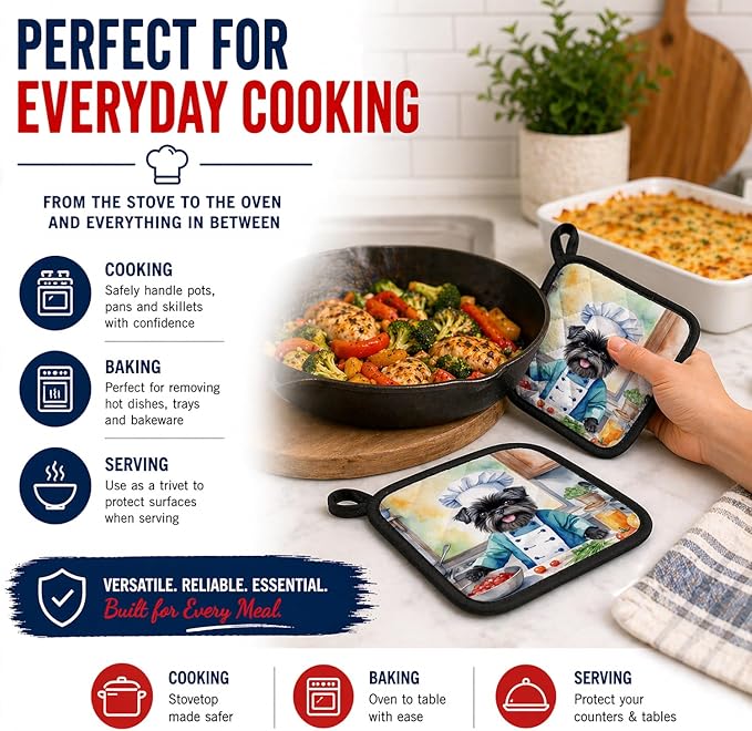 Caroline's Treasures Affenpinscher The Chef Pair of Pot Holders Kitchen Heat Resistant Pot Holders Sets Oven Hot Pads for Cooking Baking BBQ, 7 1/2 x 7 1/2