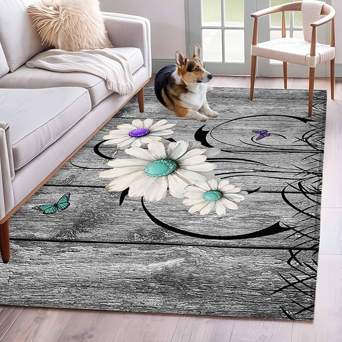 Area Rug 4x6ft, Farm Daisy Shabby Wood Grain Washable Rugs for Living Room Bedroom, Vintage Flower Plant Butterfly Soft Non-Slip Area Rugs Rectangle Floor Carpet for Dining Room