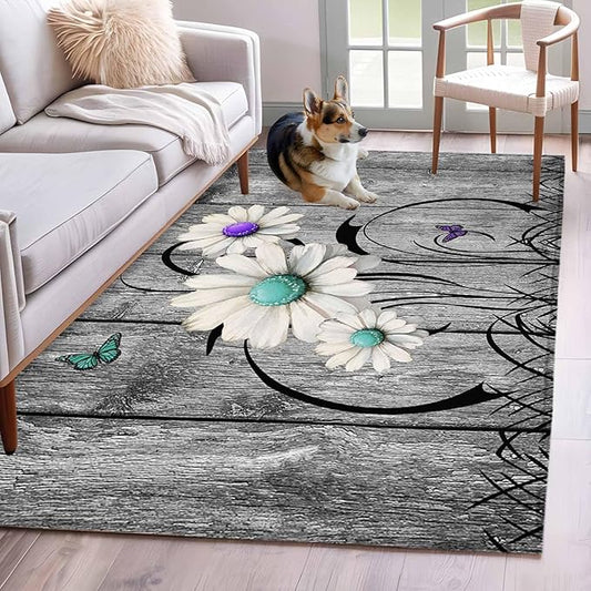 Area Rug 4x6ft, Farm Daisy Shabby Wood Grain Washable Rugs for Living Room Bedroom, Vintage Flower Plant Butterfly Soft Non-Slip Area Rugs Rectangle Floor Carpet for Dining Room