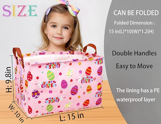 Large Rectangular Easter Baskets Empty Waterproof Boy Toy Box Foldable Kid's Gifts Storage Bin Spring Room Decor(HAPPY Pink Rabbit Egg)