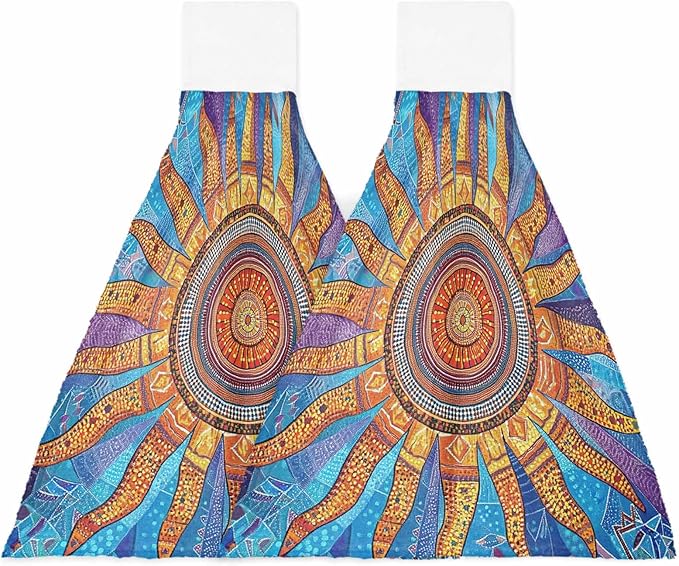 Alandar Home Kitchen Tie Towel Set of 2, Abstract Boho Sun Floral Absorbent Soft Hand Towels for Bathroom Hanging Towels, Retro Bohemian Pattern Fast Drying Cleaning Cloth with Loop
