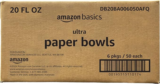 Amazon Basics Ultra Disposable Paper Bowls, 20 Oz, Microwave Safe, Soak Proof, Strong & Sturdy, White, 300 Count (6 Packs of 50)