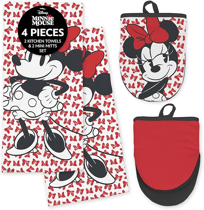Disney Kitchen Towels & Oven Mitts Set – 4 Piece Bundle with 2 Cotton Dish Towels/Hand Towels & 2 Heat Resistant Mini Oven Mitts (Pot Holders) – Mickey, Stitch & Pooh (Minnie Mouse)