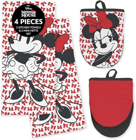 Disney Kitchen Towels & Oven Mitts Set – 4 Piece Bundle with 2 Cotton Dish Towels/Hand Towels & 2 Heat Resistant Mini Oven Mitts (Pot Holders) – Mickey, Stitch & Pooh (Minnie Mouse)