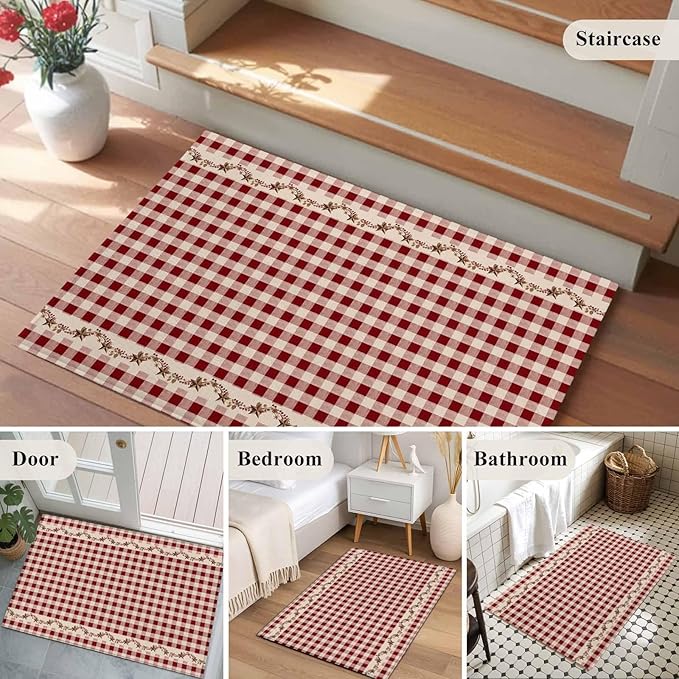 Area Rug 2x3ft, Vintage Red Buffalo Plaid Berry Washable Rugs for Living Room Bedroom, Farmhouse Western Star Soft Non-Slip Area Rugs Rectangle Floor Carpet for Dining Room