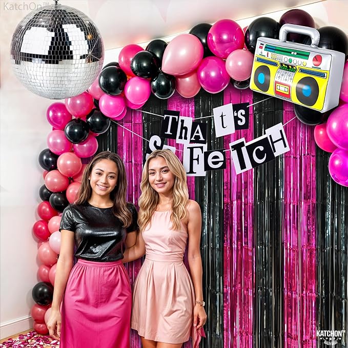 KatchOn, Large Pink and Black Foil Fringe Curtain - Pack of 2, Streamer Backdrop for Valentines Day Decorations, Black and Pink Backdrop for Galentines Day Decorations, Bachelorette, Birthday Decor